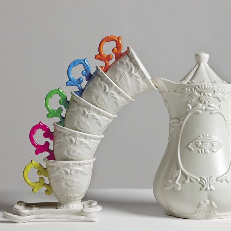 SELETTI i-wares coffee set in porcelain with coloured handle