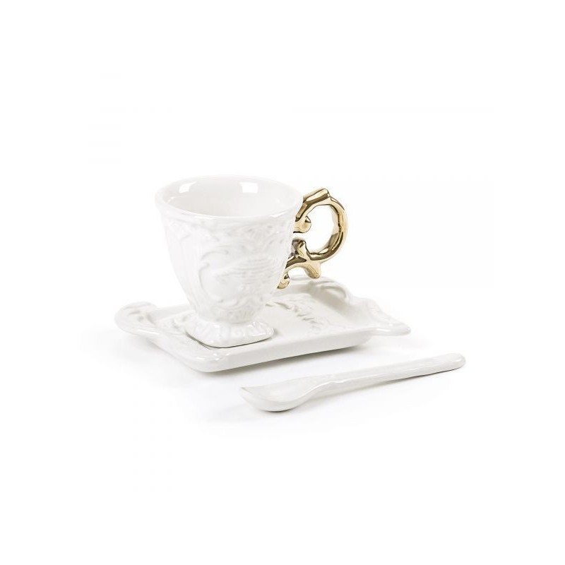 SELETTI i-wares coffee set in porcelain with coloured handle gold