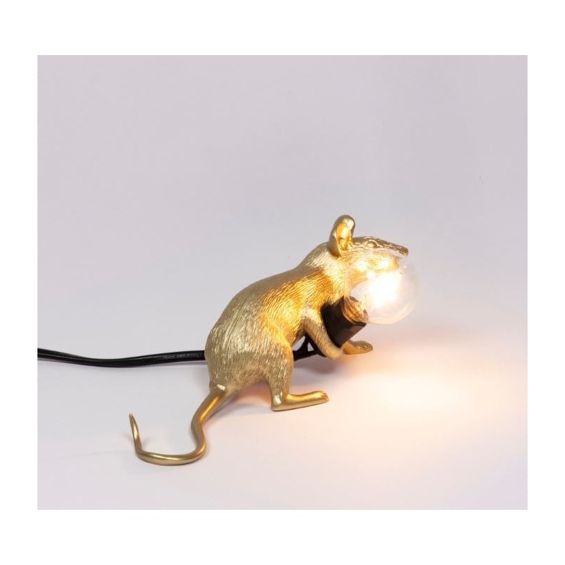 SELETTI Mouse Lamp Gold Lie Down/Lop Black Cable